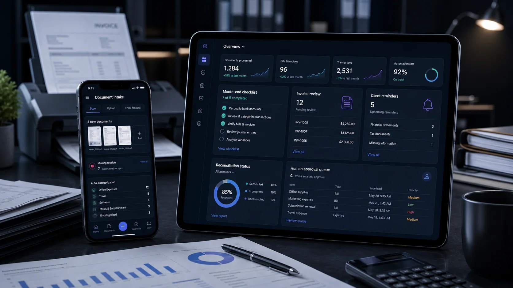 Accounting document intake dashboard and mobile checklist app on a bookkeeping desk
