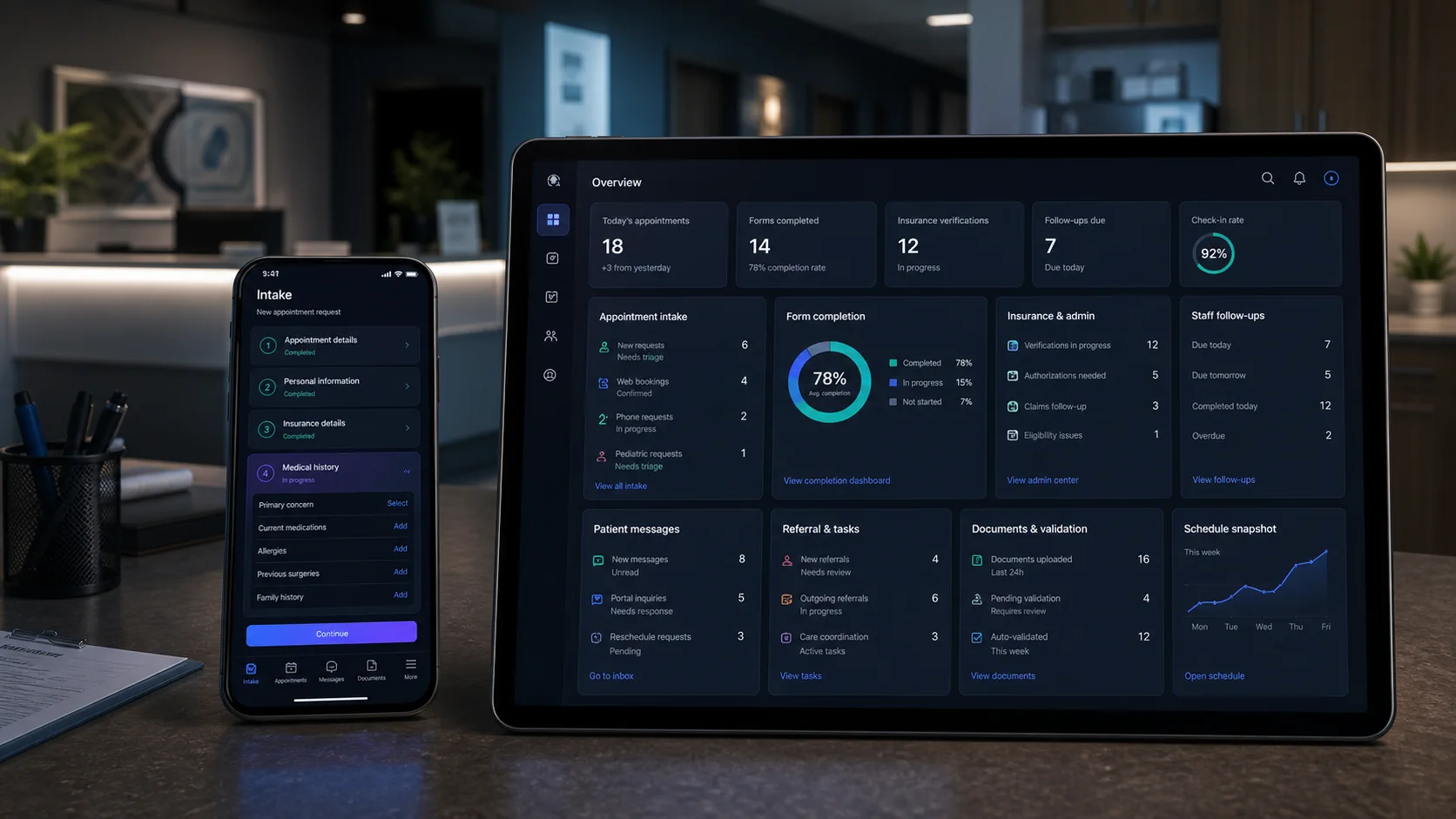 Clinic administration dashboard and mobile intake app in a modern healthcare office