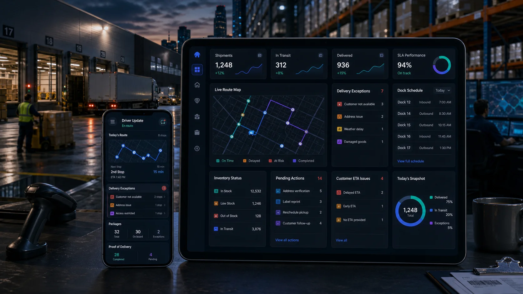 Logistics operations dashboard and mobile dispatch app in a warehouse environment